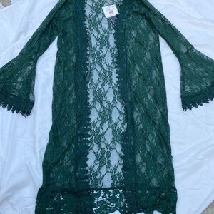 Forest Green Sheer Lace Slip Over Duster NWT Boho Drama Bell Sleeves Size Small